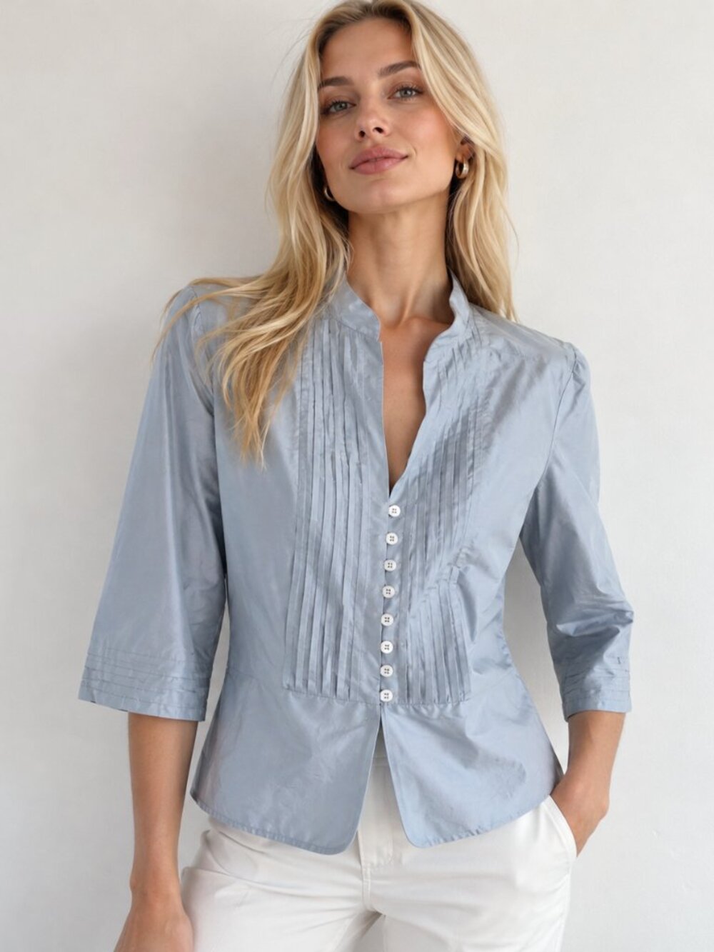 Armani Collezioni Vintage Blue Silk Button Front Blouse Top Luxury Designer 6